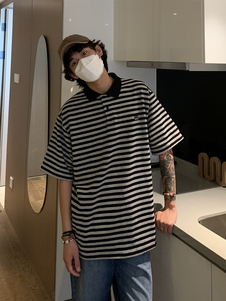 RT No. 5323 HEAVY STRIPED COLLAR BUTTON-UP HALF SLEEVE SHIRT